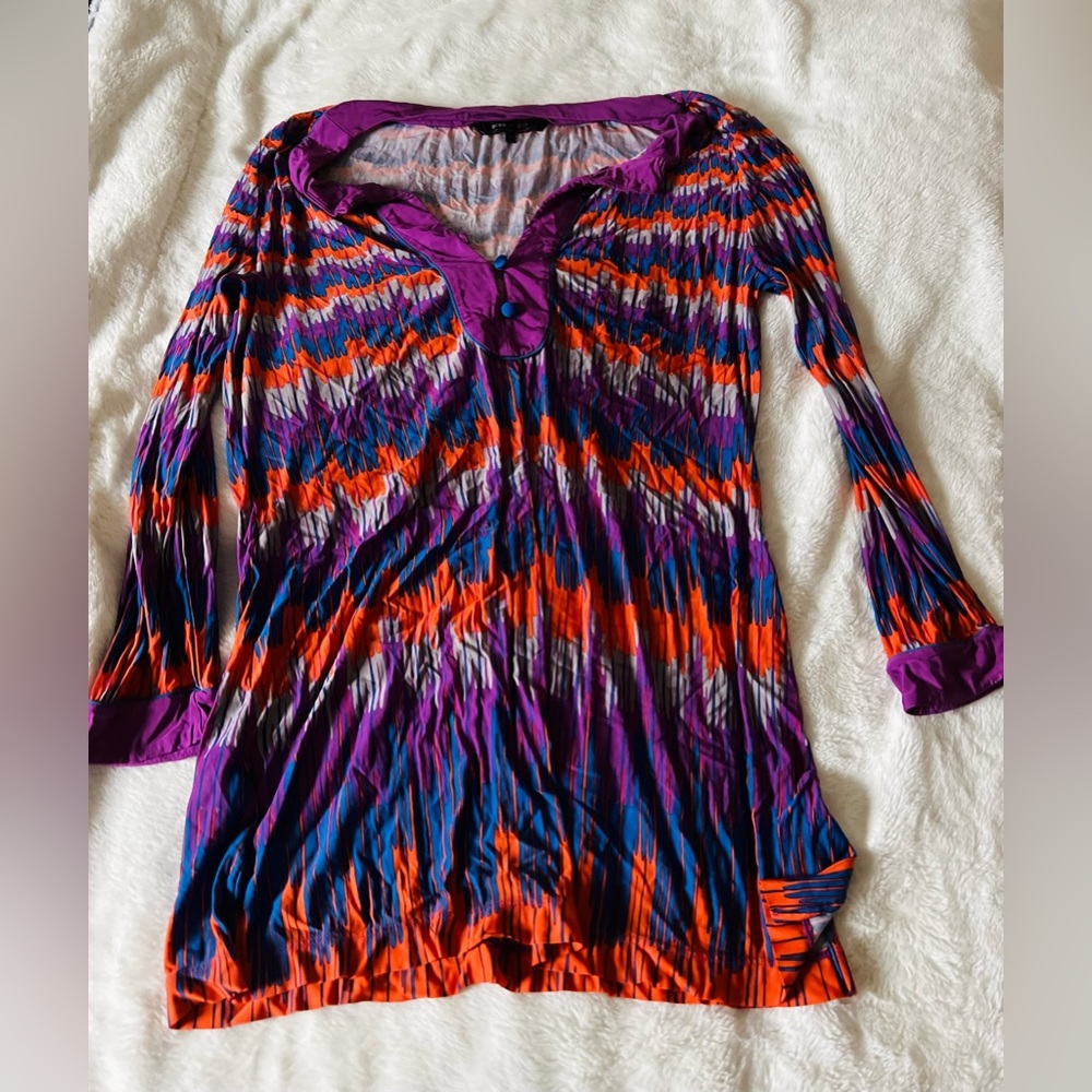BCBG Maxazria Aztec Boho Bright Striped Print Button Tunic Shirt Stretch.